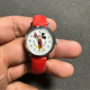 Vintage Disney Mickey Mouse Watch Mechanical Wind Up Plastic Red Band  Working
